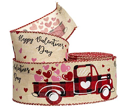 Atrbb Vintage Truck With Patterned Hearts Wired Ribbon,Happy Valentine's Day Ribbon For Gift Wrapping And Decorative Bow,10 Yards By 2.5 Inches #TOP20