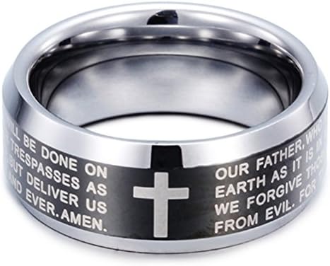 Fashion Month Men 8mm Black Silver Tungsten Carbide Ring English Bible The Lord's Prayer Cross Two-Tone Band ComfortFit Size 9