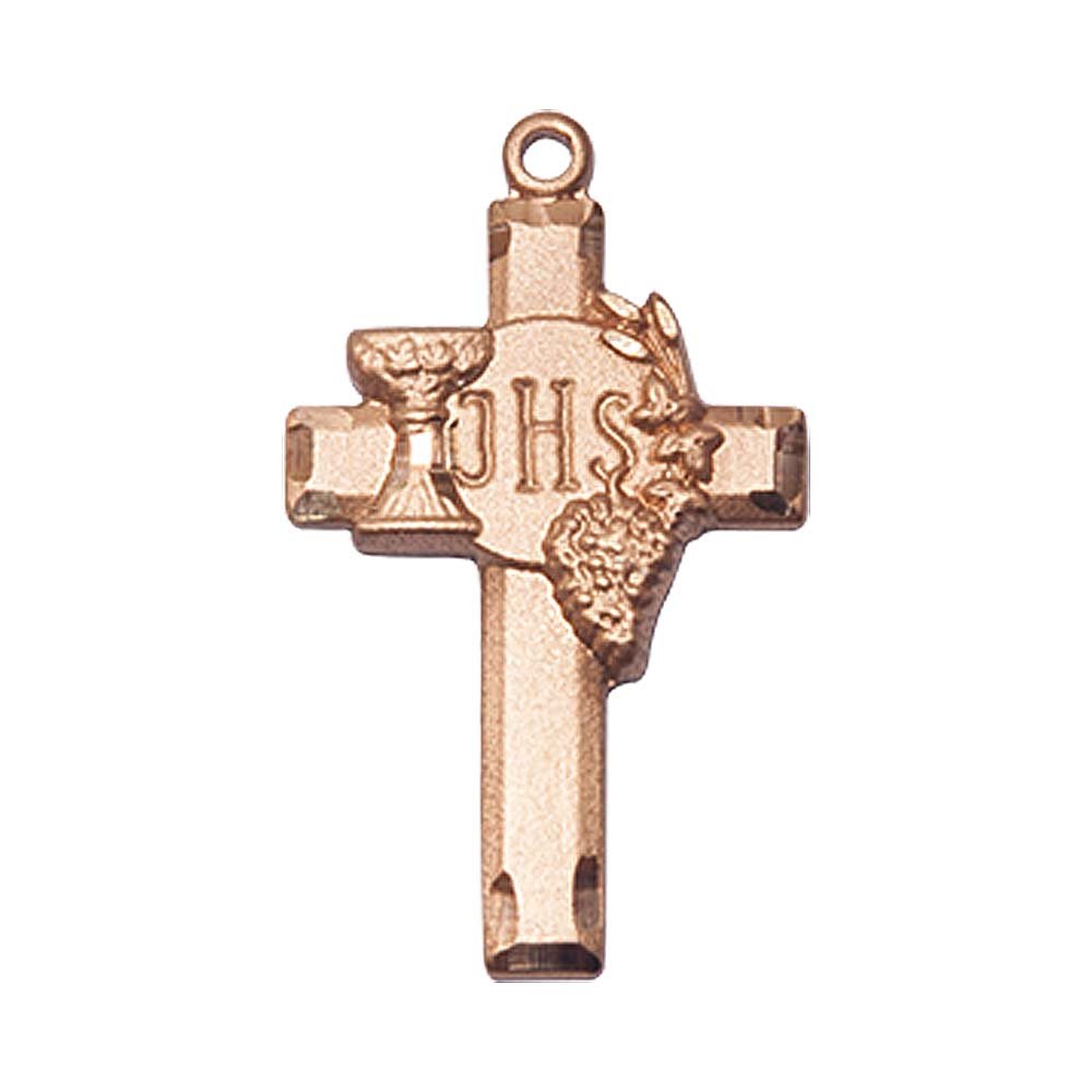 F A Dumont 14kt Gold Cross w/IHS Grapes Medal. Includes Deluxe flip Box. Medal/Pendant Measures 7/8