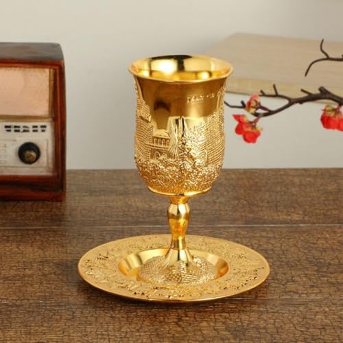 Jelquix Vintage European Kiddush Cup Set, Zinc Alloy Stemmed Wine Goblet with Plate Handcrafted Tarnish Proof for Wedding Holiday Ceremonies Gift (Golden Color) by Jelquix - Image 2