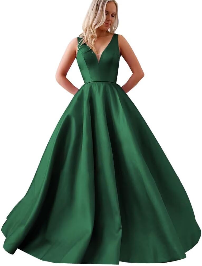 Satin A Line Wedding Dresses for Bride V Neck Prom Dresses with Pockets Simple Long Ball Gowns