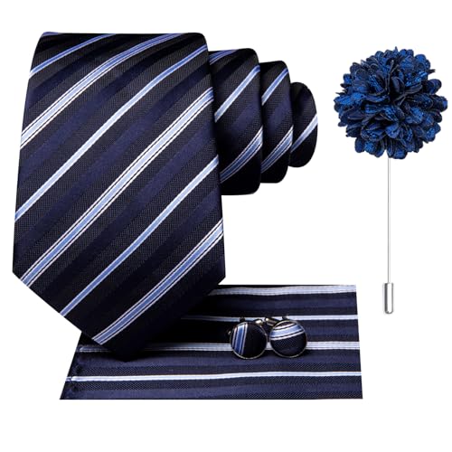 Image of Hi-Tie Mens Paisley Floral Striped Ties Set Silk Necktie and Lapel Pin for Men Pocket Square Cufflinks Set Business Wedding