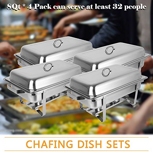 Rovsun 8 Qt 4 Pack Full Size Stainless Steel Chafing Dishes Buffet Set, Silver Rectangular Catering Chafer Warmer Set With Trays Pan Lid Folding Frame For Kitchen Party Banquet Dining #TOP6