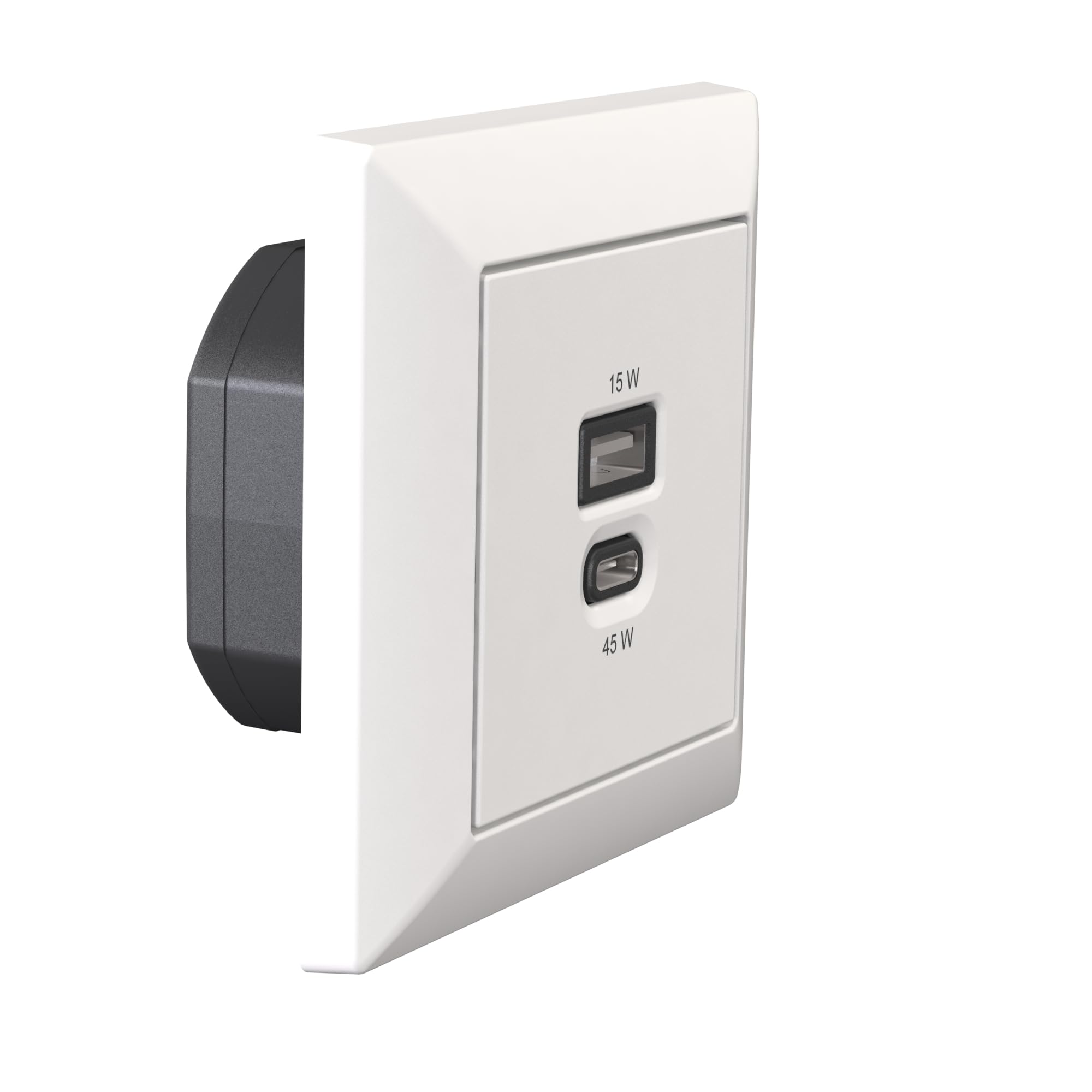 Podtynkowa stacja ładująca USB, USB-C 45 W + ładowarka USB-A 15 W, biała matowa