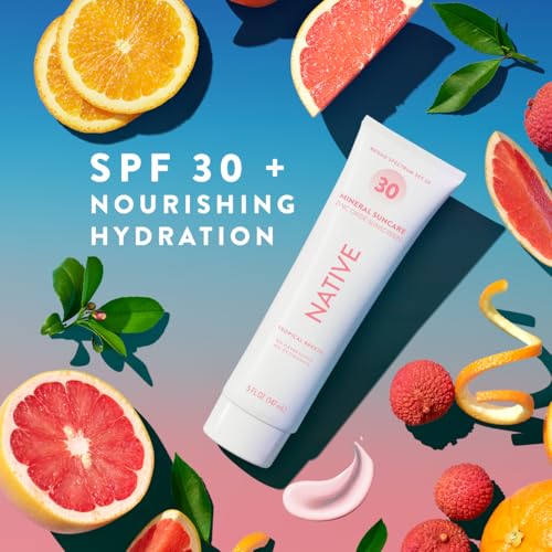 Image of Native Sunscreen SPF 30, Zinc Oxide Dermatologist Tested Suitable for Sensitive Skin & Hawaii Compliant, 5 Ounces | Tropical Breeze Scent Sun Protection Lotion, Lightweight & Smooth (Pack of 12)