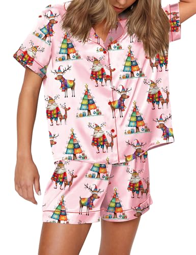 Image of SHESHOW Satin Pajamas for Women Set Preppy Animals Pjs Short Sleeve Shorts 2 Piece Loungewear Sets XS-XXL