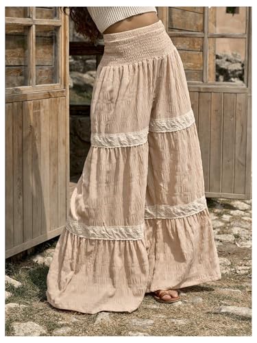 GORGLITTER Women's Flowy Linen Pants Smocked High Waisted Palazzo Wide Leg Boho Beach Trousers3