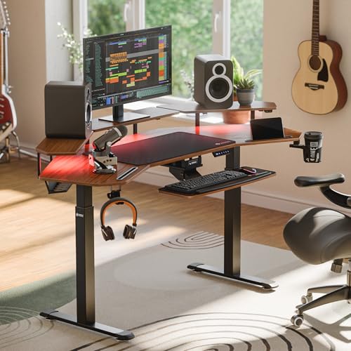 Image of EUREKA ERGONOMIC 72 inch Standing Desk, Adjustable Height Dual Motor Computer Desk with Keyboard Tray & LED Monitor Stand, Gaming Music Studio Workstation, Slot Design, Deep Walnut