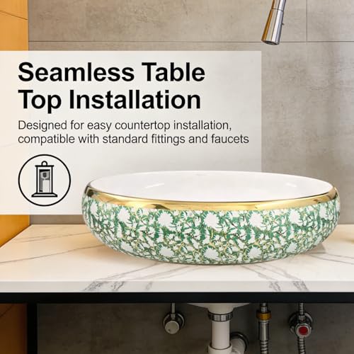 Image of Wallace Designer Oval Table Top Wash Basin 60x40x15 cm | Green & White Floral Ceramic Countertop Vessel Sink with Gold Rim | Luxury Above Counter Bathroom Vanity Basin