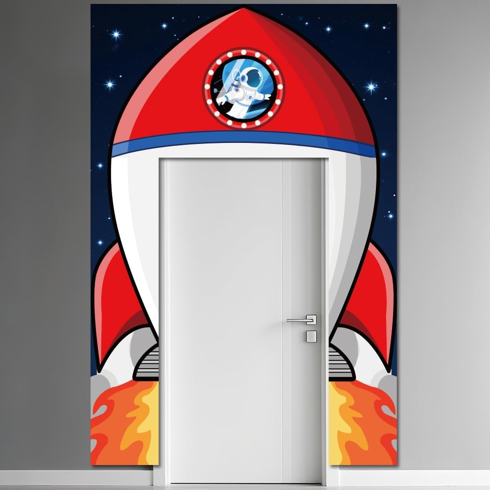 WADORN Space Theme Party Decorations Backdrop, 8.9x5.9Ft Rocket Ship Door Banner Backdrops Astronaut Planet Rocket Photography Background for Space Theme Party Birthday Decors Supplies