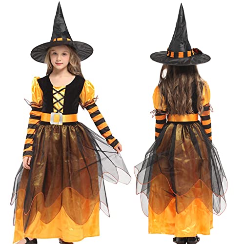 Witch Costume Girls Halloween Witch Dress Costumes Kids Deluxe Set Witch Hat Broomstick Halloween Candy Bags Fancy Dress Up Party (Xl, Orange) #TOP4