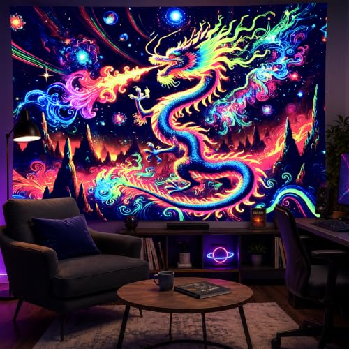Image of BlissYard Dragon Tapestry Blacklight Tapestry 78x59 Inch UV Wall Hanging | Dragon Tapestry with Neon Dragon Skull Fantasy Scene for Gaming Room Bedroom Dorm and Trippy Wall Decor