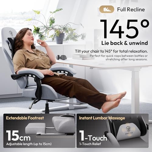 Image of Dowinx Gaming Chair Fabric Big and Tall with Pocket Spring Cushion, Massage Game Chair Cloth with Headrest, Ergonomic Computer Chair with Footrest 350LBS, Black Grey