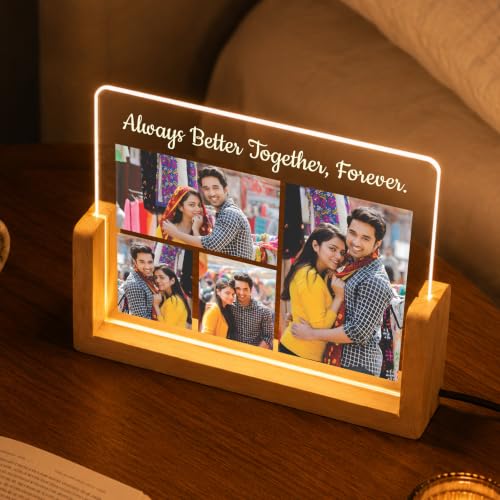 Image of Giftplease Personalized LED Acrylic Photo Frame with Custom Picture and Quote, Romantic Couple Night Lamp, Wooden Base USB Table Decor, Anniversary Photo Display, Wedding Decor, Bedroom Home Accent