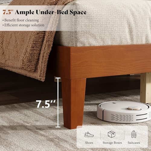 Image of AMERLIFE Full Size Bed Frame with 48 inch Tall Headboard, Mid Century Modern Solid Wood Platform Bed with Silent Wood Slat System, No Box Spring Needed, Under-Bed Storage, Brown