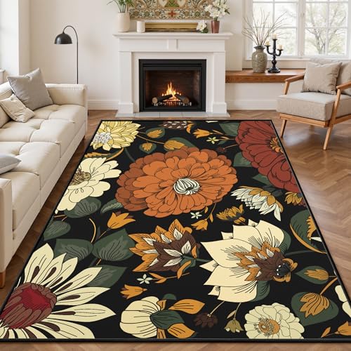 Black Boho Floral Living Room Rug, Ultra Thin 5x7 Rug Machine Washable Botanical Area Rugs Non Slip Low Pile Mid Century Modern Carpet for Bedroom, Di