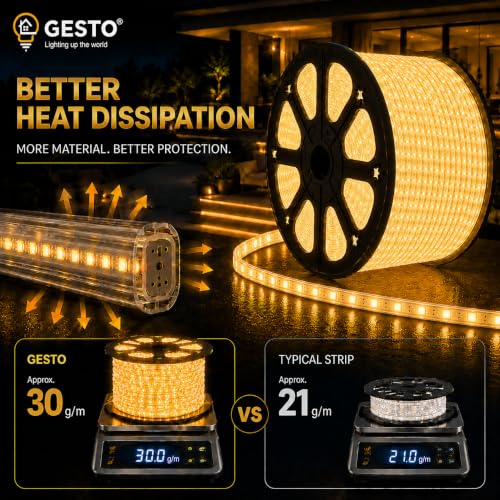 Image of Gesto 5 Meter Warm White LED Rope Strip Light | 120 LEDs /Mtr IP65 Waterproof Indoor & Outdoor Lights for Balcony, Home Decor & Cove Light for False Ceiling | Cuttable Every 1M for Diwali Decoration