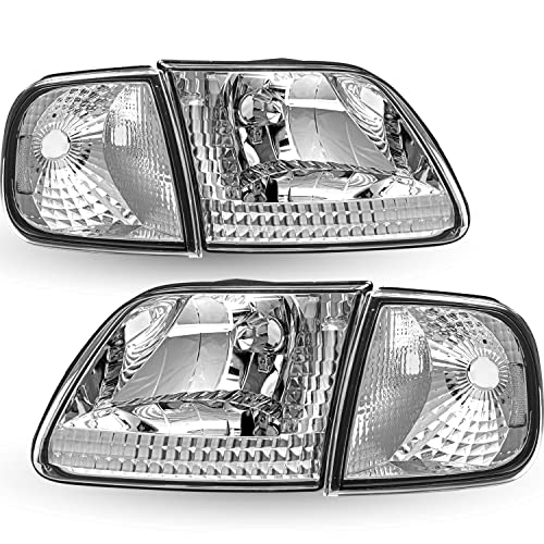 TUSDAR Headlight Assembly Compatible with 97-03 Ford F150 / 04 Ford Heritage / 97-02 Ford Expedition / 97-99 Ford F250 w/Corner Lights 4pcs, Chrome Housing with Clear Reflector