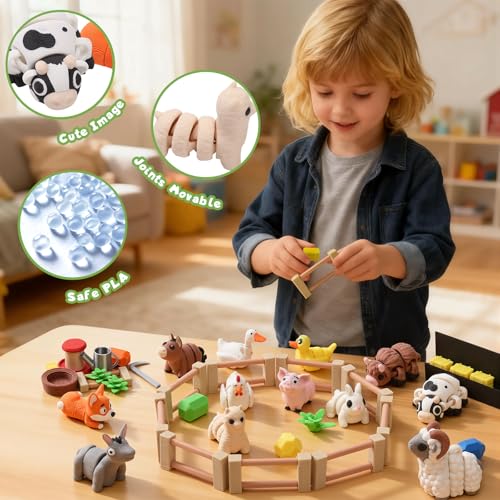 Image of YILCER 40 PCS 3D Printed Farm Animal Figures Toys Set Christmas Stocking Stuffers for Kids Flexible Articulated Fidget Toys Cute Desk Decor Party Favors Gifts for Kids Students Carnival Prizes Reward