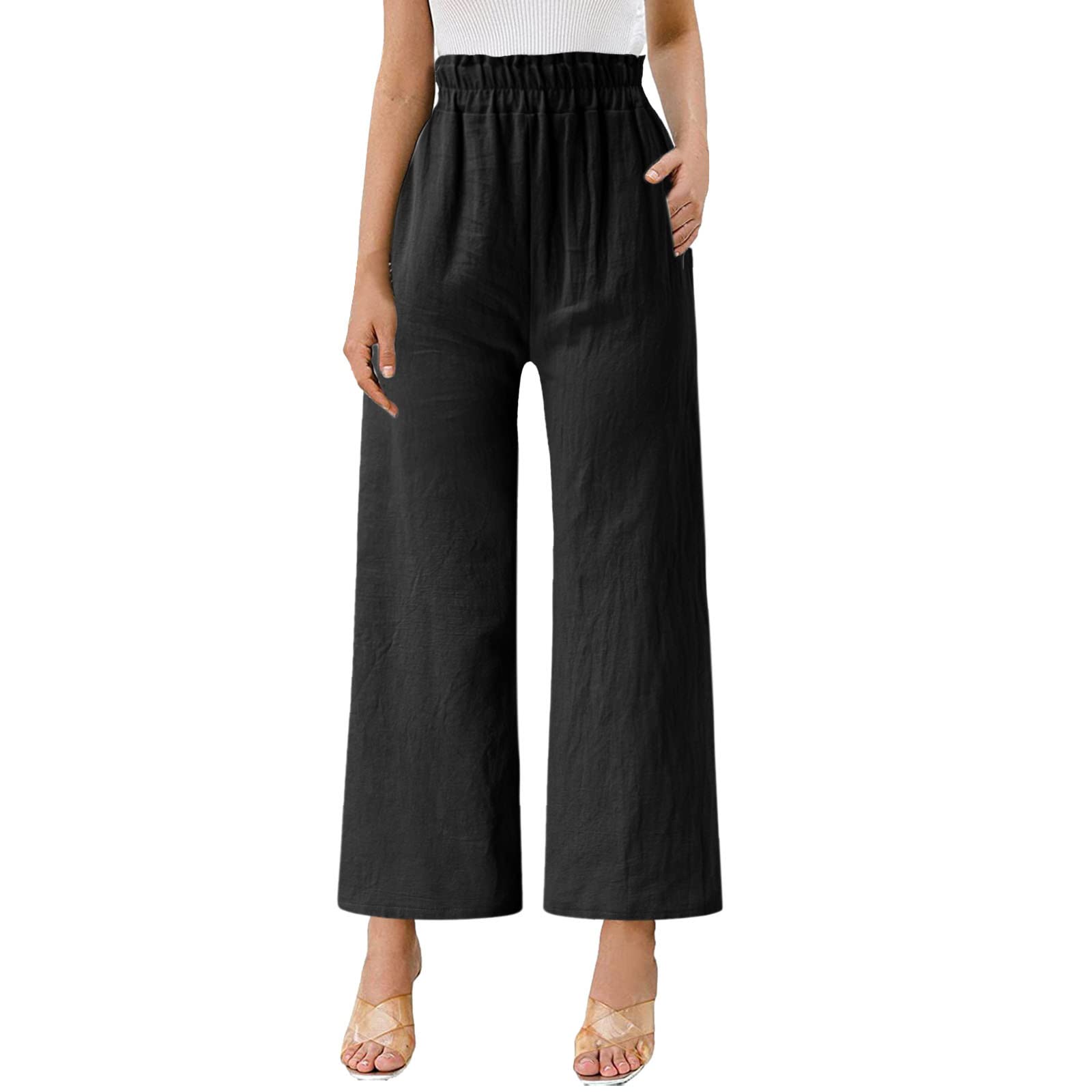 Pantalone Donna Curvy Pantaloni Lino Donna Estate - Vita Alta Con Elastico, Gamba Larga, Comodi E Leggeri, Con Tasche, Per Casual E Ufficio Pantaloni Con Elastico In Vita