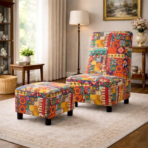 Image of Rosebell 1 Seater Wooden Sofa Set with Ottoman | Multicolor Printed Fabric Sofa | Comfortable Living Room & Office Sofa Set
