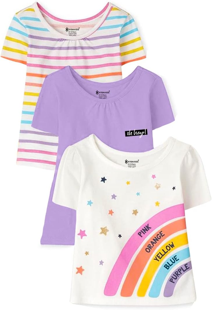 KYDA KIDS® 100% Cotton Antibacterial Printed Regular fit Half Sleeve Tshirt for Girl's (Pack of 3)