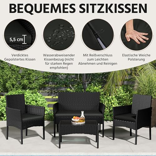 Yaheetech 4-er Gartenmöbel Set Balkonmöbel Set aus Polyrattan Terassenmöbel Außen mit 2er Sofa, 2 Stühle, Tisch & Sitzkissen für Terrasse/Balkon/Garten, Schwarz & Grau