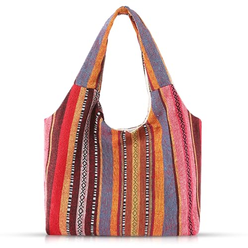 Bohemia Tote Bag, Canvas Shoulder Bag for Women, Large Capacity Work Bag，Reusable Canvas Lunch Bag Teacher Bag Shopping, Utility Aesthetic Handbag(Red)