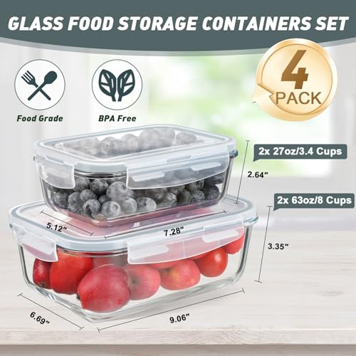KOMUEE 4 Pack 63oz 27oz Large Glass Food Storage Containers Set with Airtight Lids, BPA-Free, Meal Prep Containers for Storing, Freezer, Microwave and Oven Safe