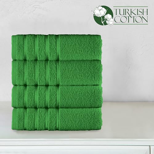 Image of Elegant Comfort 100% Turkish Cotton 4 Lines Viscose Stripe Luxury 4 Pack Hand Towel Set - Ultra Absorbent and Soft 16 x 28 Inch Premium Hotel Spa Quality Towels for Everyday Bath Use, Emerald Green