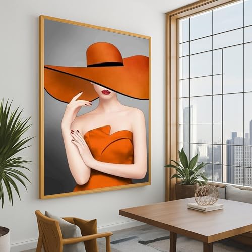 Tableau sur toile femme au chapeau orange pour habiller un grand mur blanc de chambre