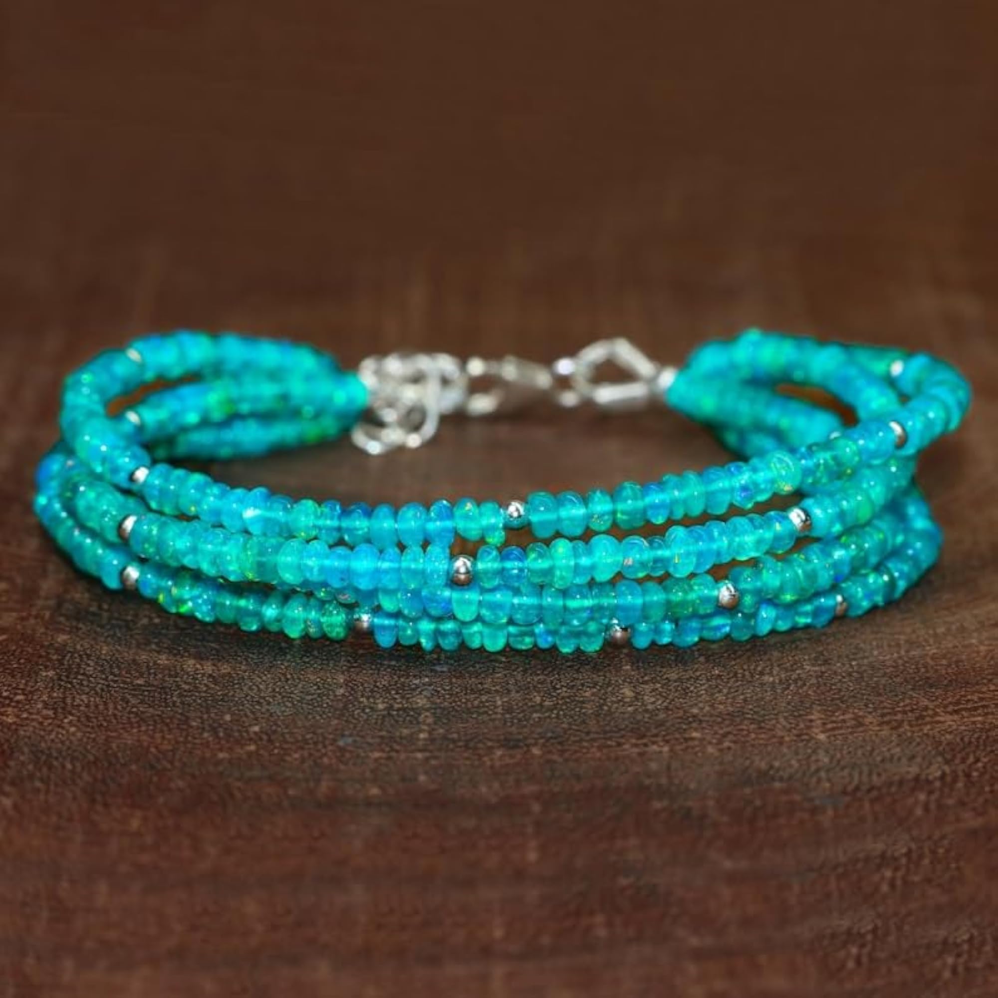 Ethiopian Blue Opal Rondelle Beaded Bracelet, Blue Stones with Silver Lock