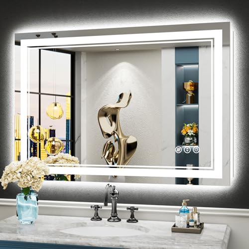 Image of 40x28 LED Bathroom Mirror with Lights, Backlit and Front Lit Anti-Fog Lighted Vanity Mirrors for Bathroom Wall, Dimmable, 3-Color Light, Memory, Shatter-Proof, HD Tempered Glass, CRI>90