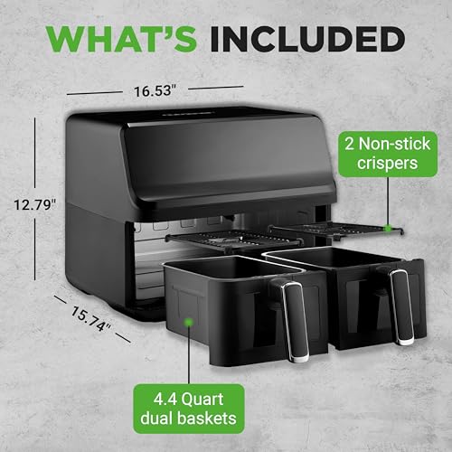 NutriChef Double Basket Air Fryer 8.8 QT | Family Size Oil Free Digital Cooker | 9-1 Preset Cooking Options