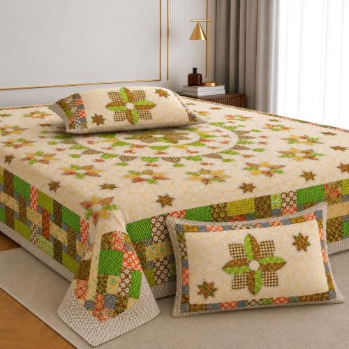 Image of Jaipur Weaves Jaipuri Double Bed Cotton Bedsheet Queen Size 90x100, 144 TC 100% Pure Cotton Bed Sheet with 2 Pillow Covers, Royal Mandala Traditional Print (Mandala Green)