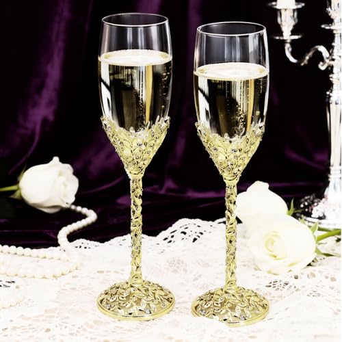 Jozen Gift Gold Champagne Flutes -His and Hers,Wedding Toasting Glasses for Wedding,Engagement Celebrations, Bridal Shower and Registry Idea,Wine Glasses for Bride and Groom Gifts,7oz (Light Glod)