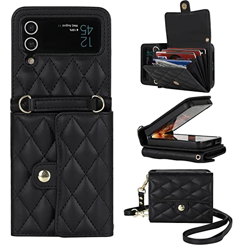 XIZYO for Samsung Galaxy Z Flip 3 Case, Wallet Phone Case Cute Leather Case with Card Holder Crossbody Cover for Women Girls Strap Wristlet RFID Blocking Shockproof Protective Cover, Black