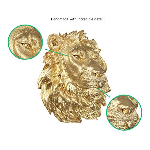 Wallcharmers Large Gold Lion Wall Art - 17-Inch Eye-Catching Mounted Lion Head - Handmade Poly-Resin Farmhouse Lion Wall Decor, Size Large, Gold #TOP3