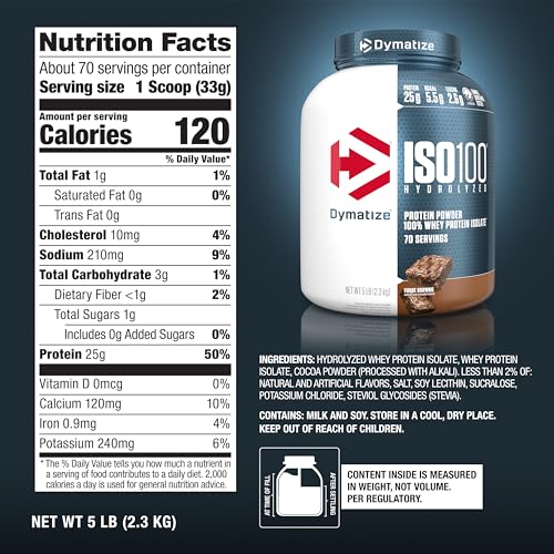 Image of Dymatize ISO100 Protein Powder, 100% Whey Isolate, Fudge Brownie | 25g Protein, Hydrolyzed, Fast-Absorbing, Supports Muscle Health, 5.5g BCAAs, Gluten-Free, 70 Servings, 5 lb