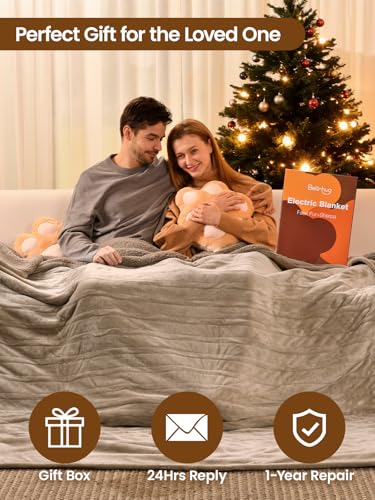 Image of Bearhug Electric Blanket Full Size, 90F-108F Fast Heating Throw with 10 Heat Levels & 1-12H Auto Shut-Off, Machine Washable Soft Velvet and Sherpa Heated Blanket for Bed or Couch, Taupe