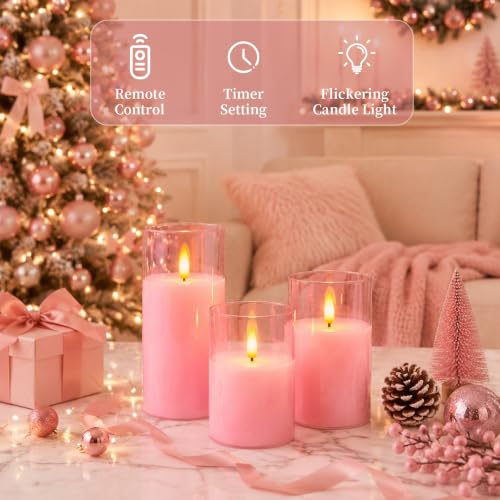 Image of Amagic Pink Glass Flameless LED Candles Battery Operated with Remote Timer | Real Wax Pillar Electric Candle, 3D Flickering Flame for Christmas Home Decor, Valentine's Day, Weddings, Set of 3(H4 inch5 inch6 inch)