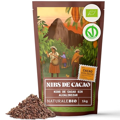 NaturaleBio Nibs de Cacao Crudo Ecológico 1kg. Bio, Natural y Puro. Cultivado en regiones Tropicales a partir de la planta Theobroma. Fuente de magnesio, potasio y hierro.