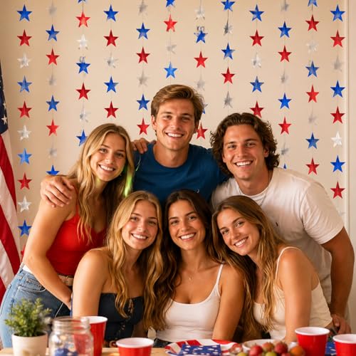 Image of Glitter Star Garland Banner Decor 130 Feet Star Garland Hanging Bunting Banner Backdrop for Independence Day 4th of July Decorations Party(Red Blue Silver)