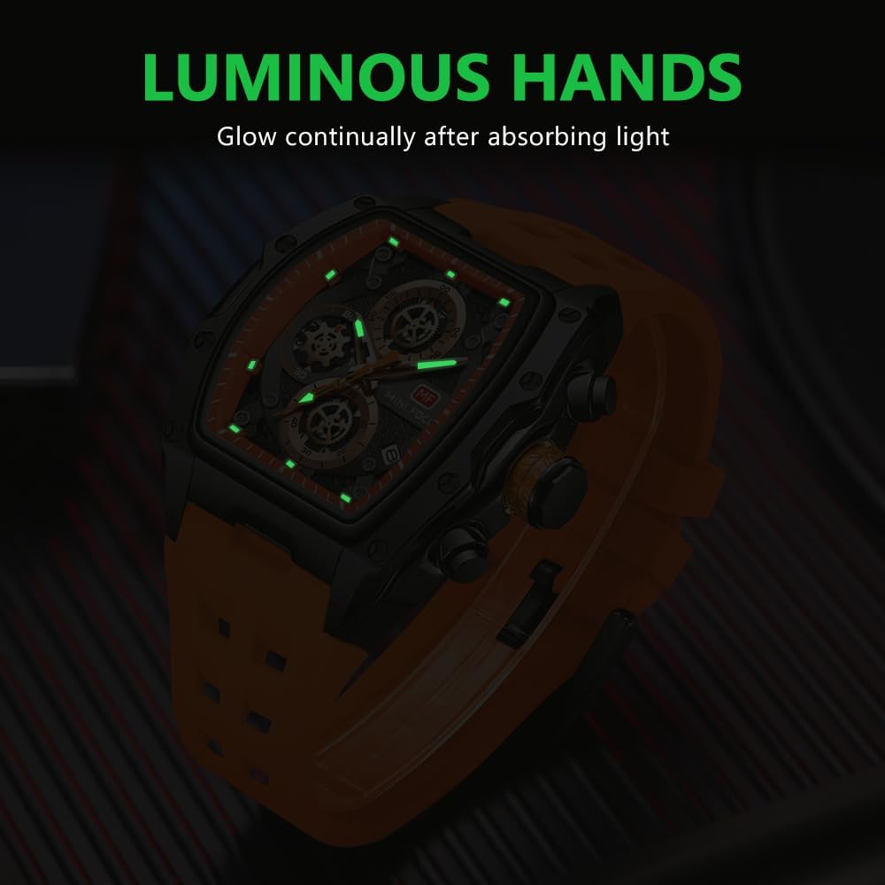 MF MINI FOCUS Watch for Men Wristwatch Fashion Hollow Big Dial Luminous Waterproof Sport Analog Quartz Business Chronograph Mens Watches Blue Silicon Strap Dress Watch(0473 Orange) - Image 7