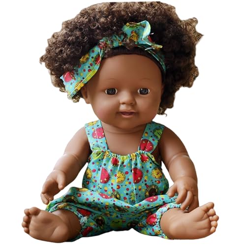 Poupées Noires, poupée bébé Africaine américaine Africaine avec Robe, Robe, Articulation Mobile et Poils bouclés poupée de Peau Noire Lavable Douce pour...