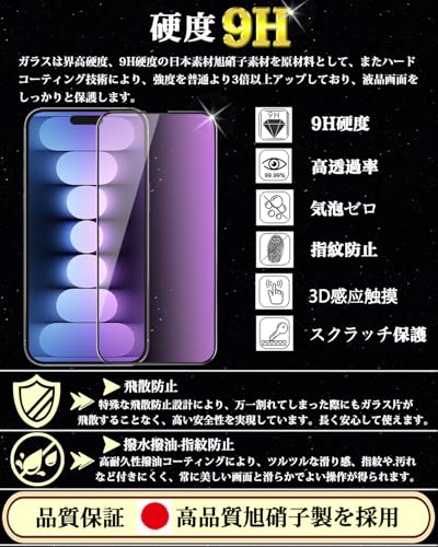対応 iPhone 15 ブルーライトカット ガラスフィルム iPhone 15 全面保護フィルム 目の疲れ軽減 旭硝子素材製【ガイド枠付き·1枚入】硬度9H 飛散防止 指紋防止 自動吸着 気泡防止アイフォン15 強化ガラス 6.1インチ