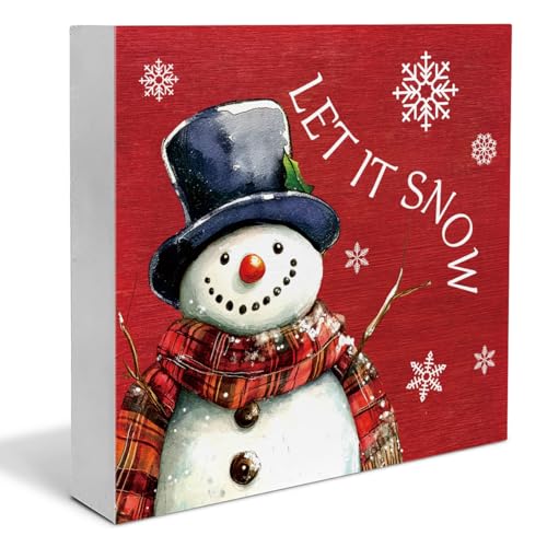 Rustic Christmas Decorations, Let It Snow Wooden Sign Decor, Snowman Wooden Block Sign, Christmas Decor for Table Shelf 5 x 5 Inch