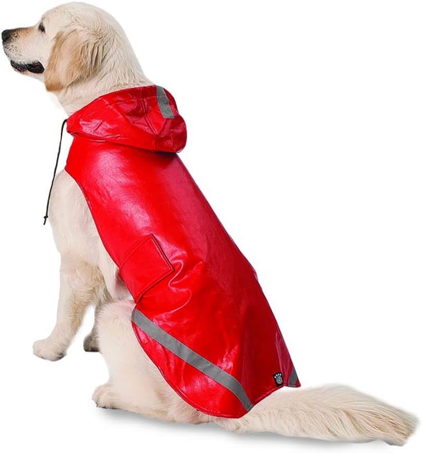 PetRageous 8403RLG London Slicker Water Repellent Dog Raincoat with Dog Leash Opening 19-Inch Long Lightweight Jacket for Large Dogs, Red