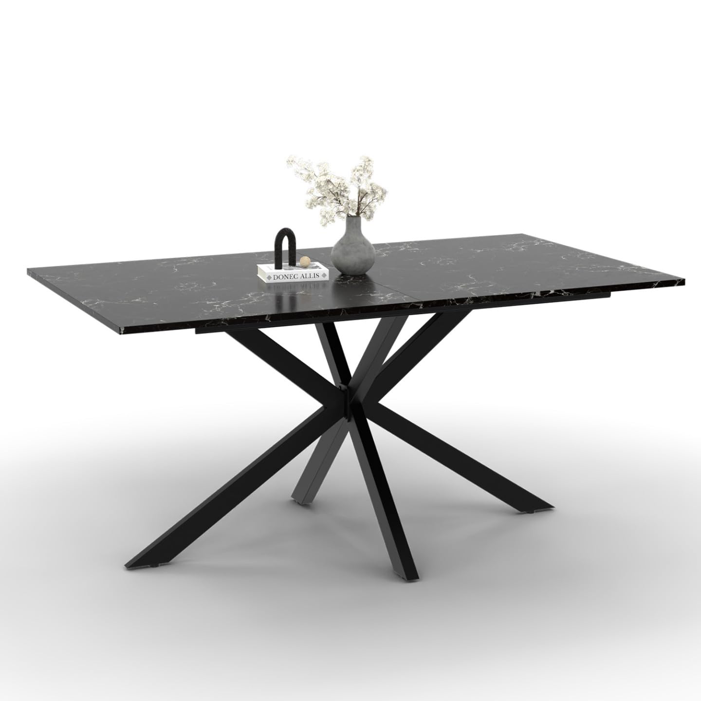 IDMarket - Tavolo da pranzo rettangolare ALASKA per 8 persone con effetto marmo nero e gamba a ragno in metallo 160 cm