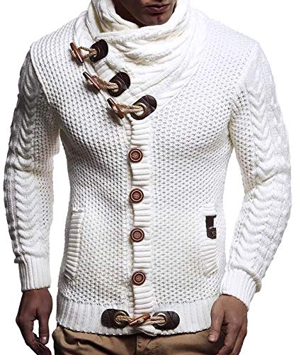 JEKAOYI Mens Cable Knit Button Down Sweater Cowl Neck Casual Long Sleeve Basic Cardigan Jumper White